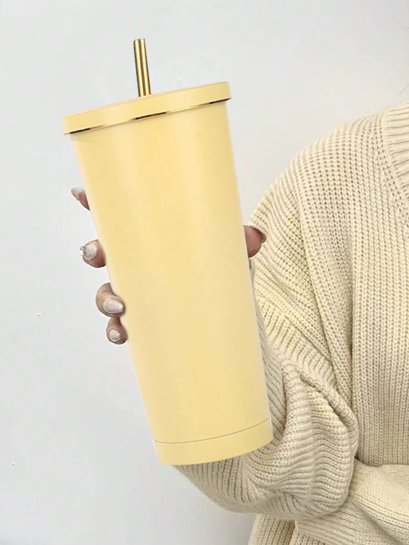 1個 ライトグレー ステンレス製 真空断熱カップ ストロー付き、大容量コーヒーマグ 車用 ギフト用 水筒