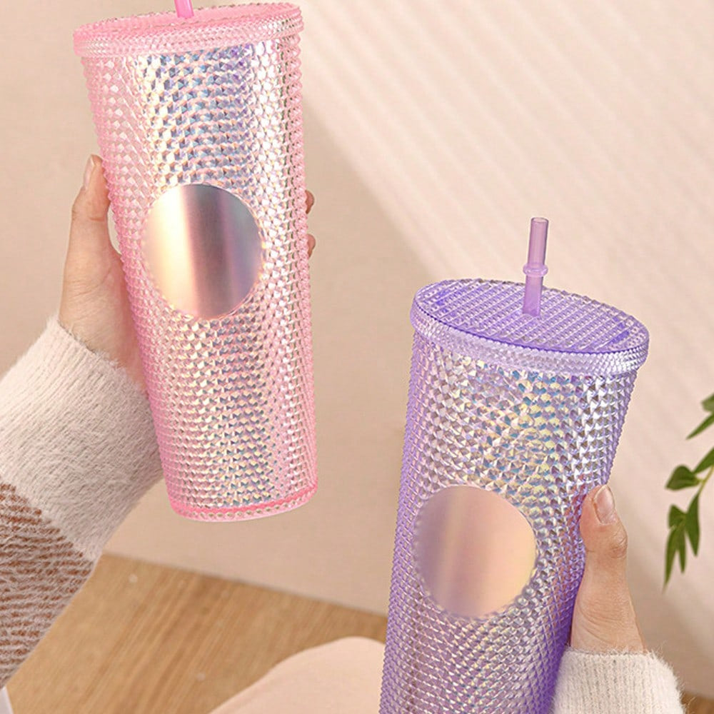 1 個 710ml スタッズ付きタンブラー ふた & ストロー付 二重壁構造 保温保冷 こぼれ防止 ワイドマウス 夏冬兼用 旅行 / ギフト用