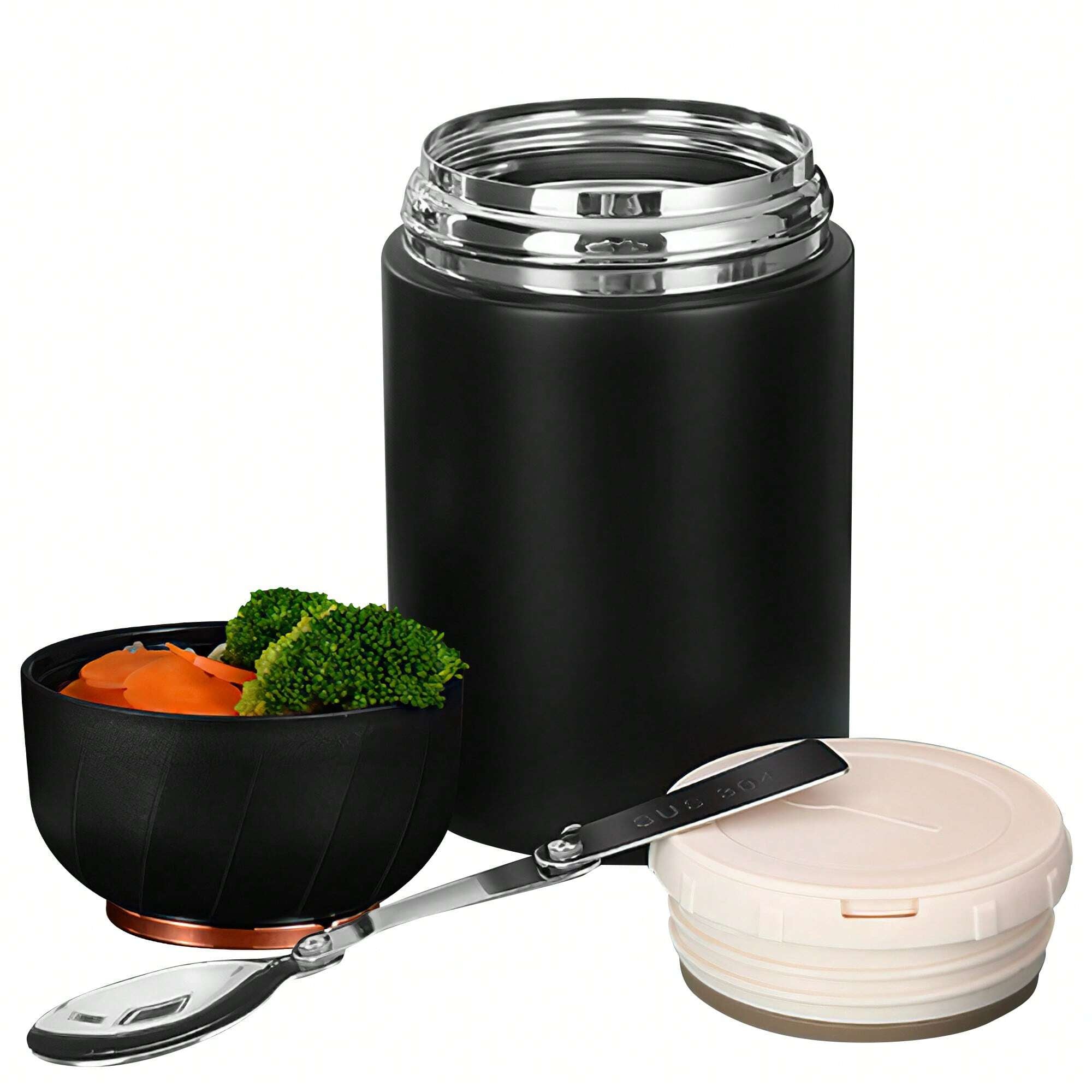 1個 断熱フードフラスコ 500ml ブラック 真空断熱 保温 フードジャー、折りたたみスプーン付き 漏れ防止 ステンレス鋼 ランチコンテナ、学校、オフィス、旅行、キッチン、クリスマスギフト、学校用品に最適