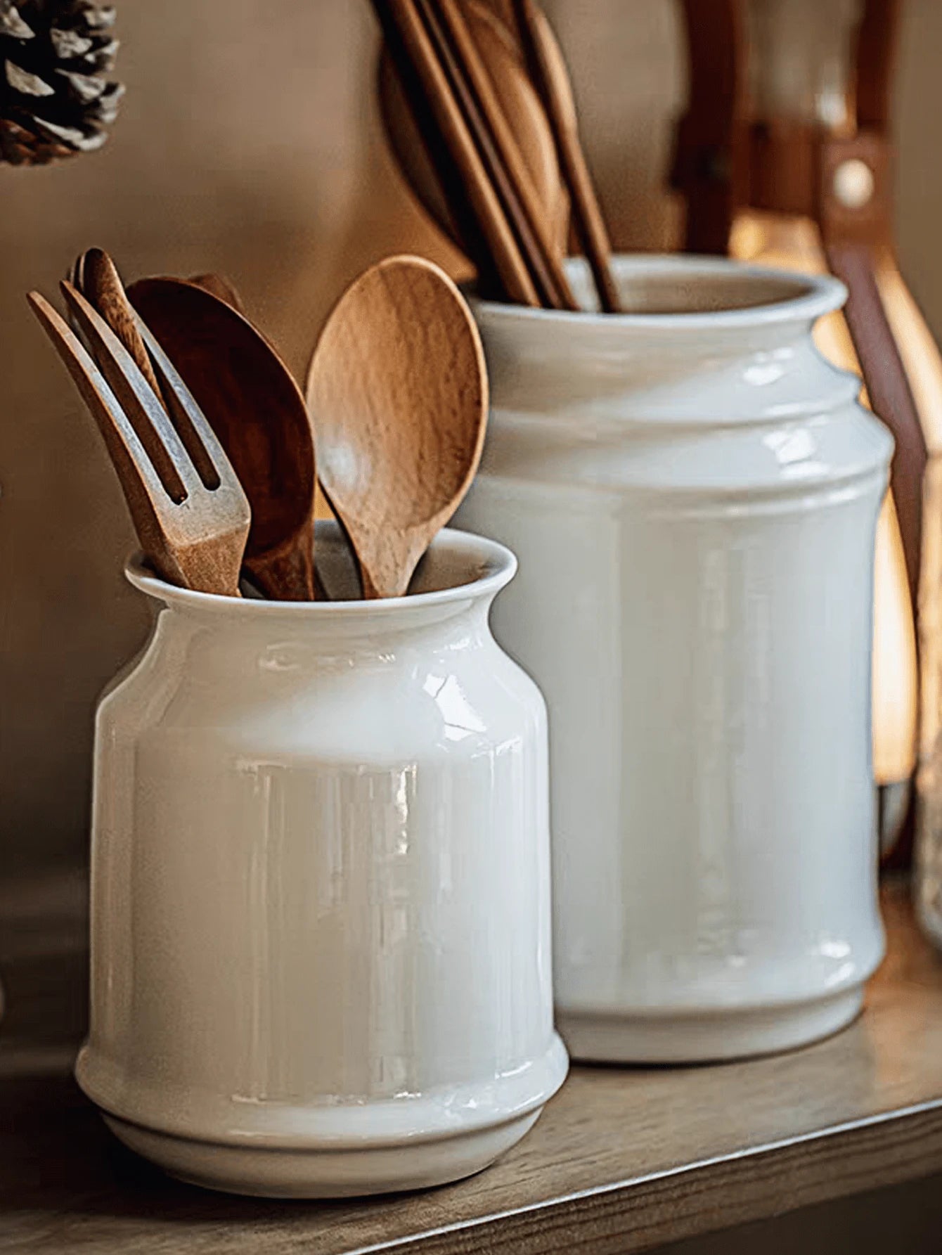 1個 セラミック製 調理器具入れ、和風ブラック キッチン食器収納ジャー、箸立て