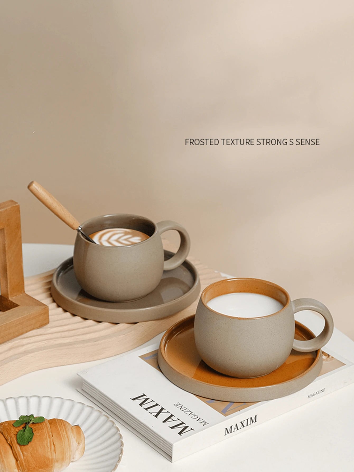 2個セット ビンテージ風 粗陶器 日本式マグカップ&ソーサー セット、北欧スタイル アフタヌーンティー&朝食カップ、学校にも