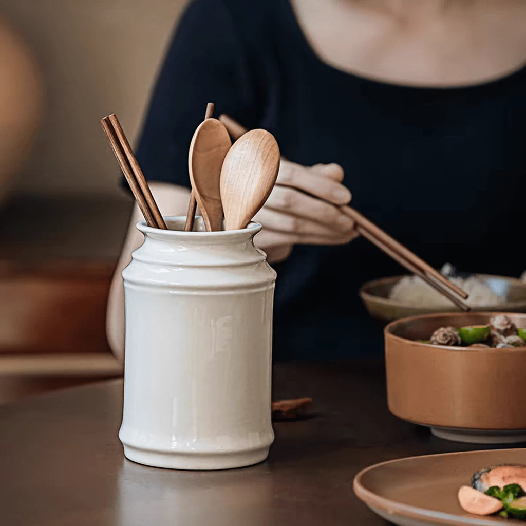 1個 セラミック製 調理器具入れ、和風ブラック キッチン食器収納ジャー、箸立て