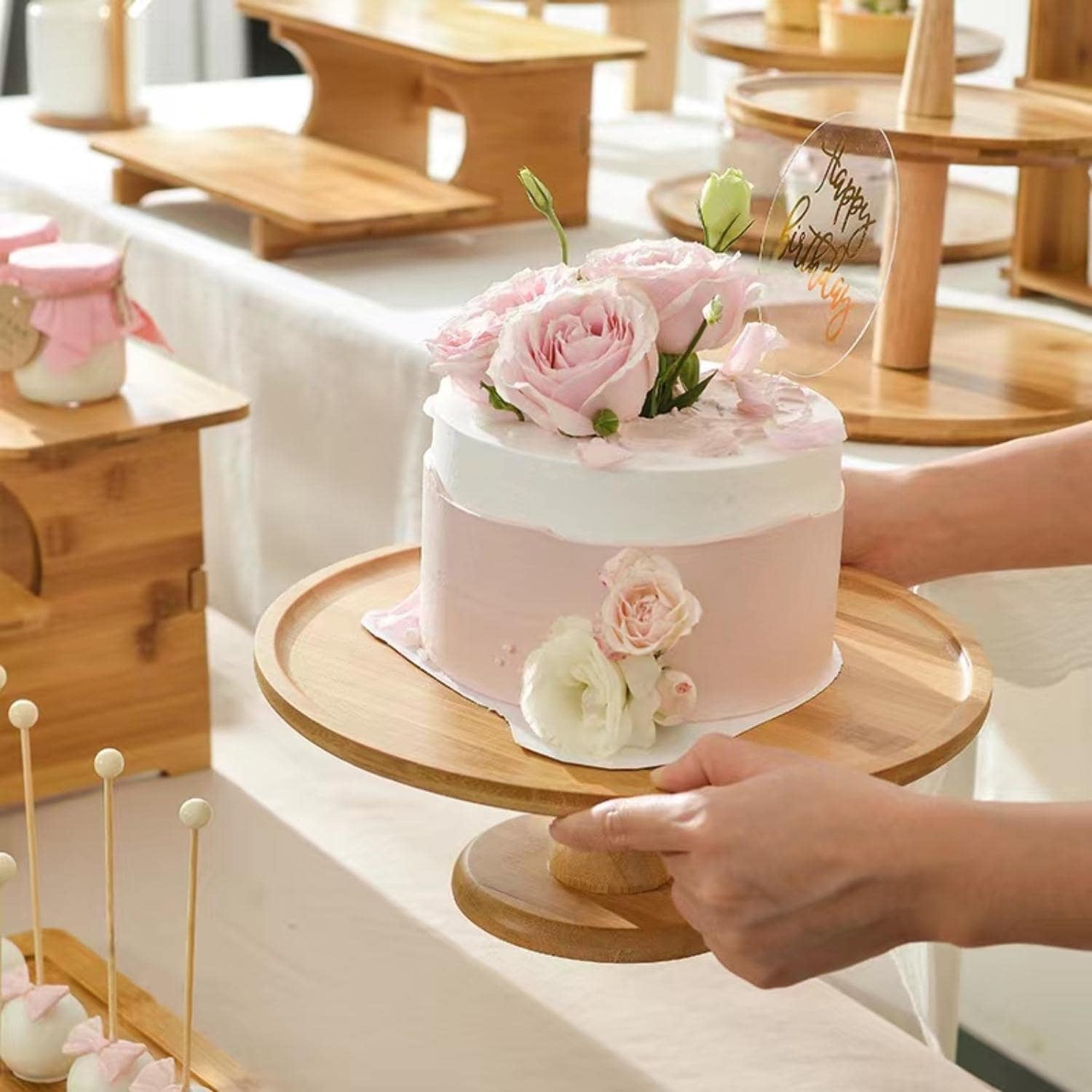 竹製高脚ケーキスタンド とペーパー製カップケーキホルダーセット、キッチン用品、クリスマスギフト