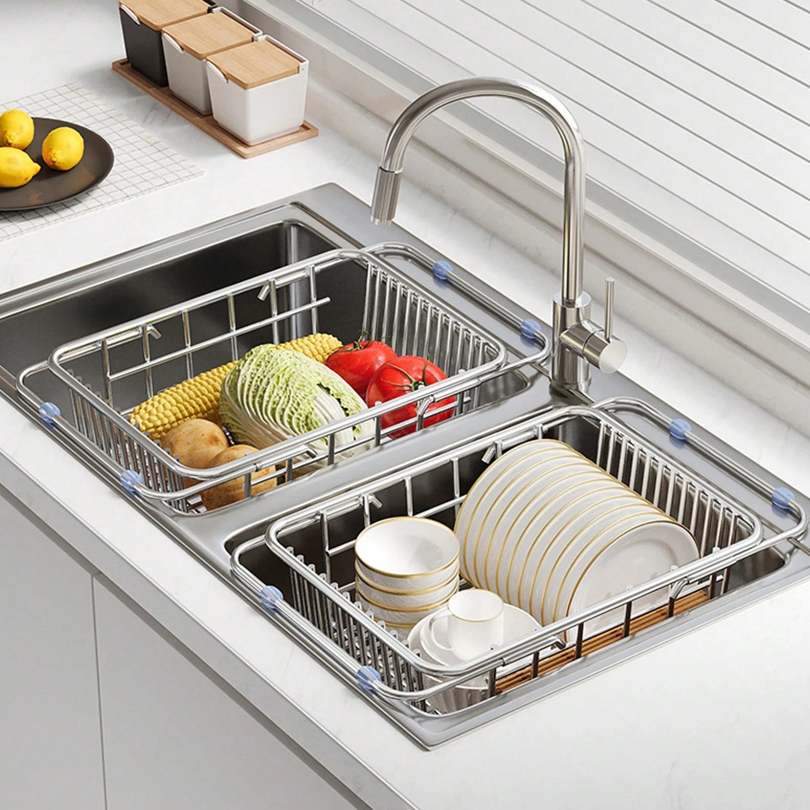 シンク上伸縮式食器乾燥ラック 38-51cm 調整可能 ステンレス鋼製 滑り止めパッド付き 省スペースキッチンオーガナイザー