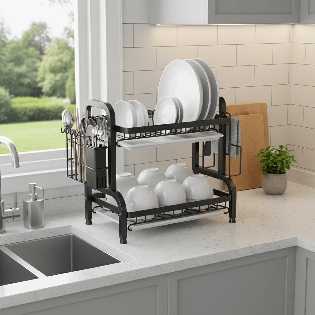 食器乾燥ラック 2 段 大容量省スペース 取り外し式水受けトレー付き 包丁・まな板収納対応 キッチン水切りラック