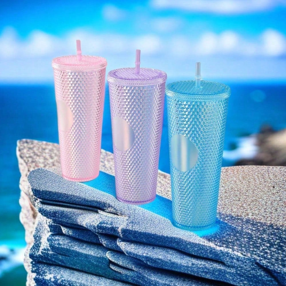 1 個 710ml スタッズ付きタンブラー ふた & ストロー付 二重壁構造 保温保冷 こぼれ防止 ワイドマウス 夏冬兼用 旅行 / ギフト用