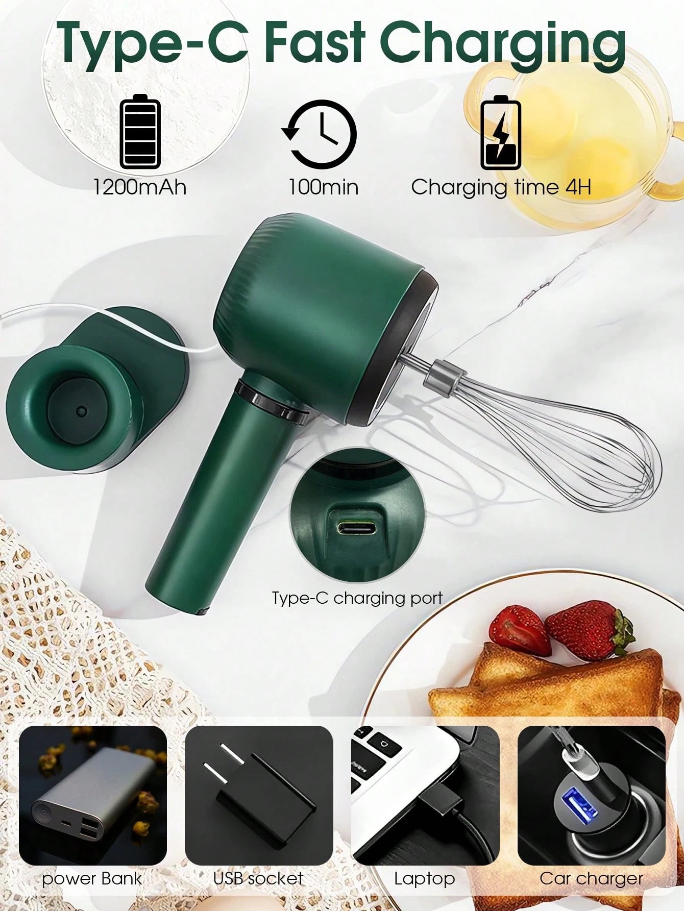 ハンディ電動ミキサー USB 充電式 1200mAh 3 段スピード 304 ステンレスウィスク 卵・クリーム泡立て混ぜ用