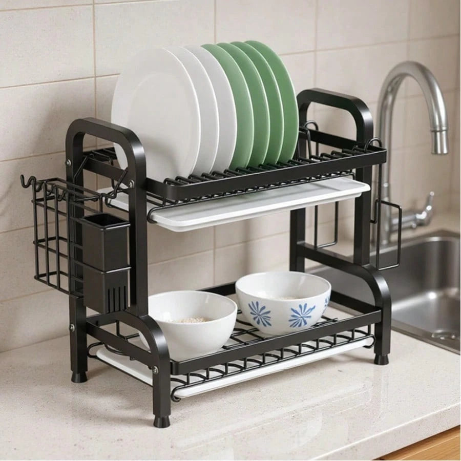 食器乾燥ラック 2 段 大容量省スペース 取り外し式水受けトレー付き 包丁・まな板収納対応 キッチン水切りラック