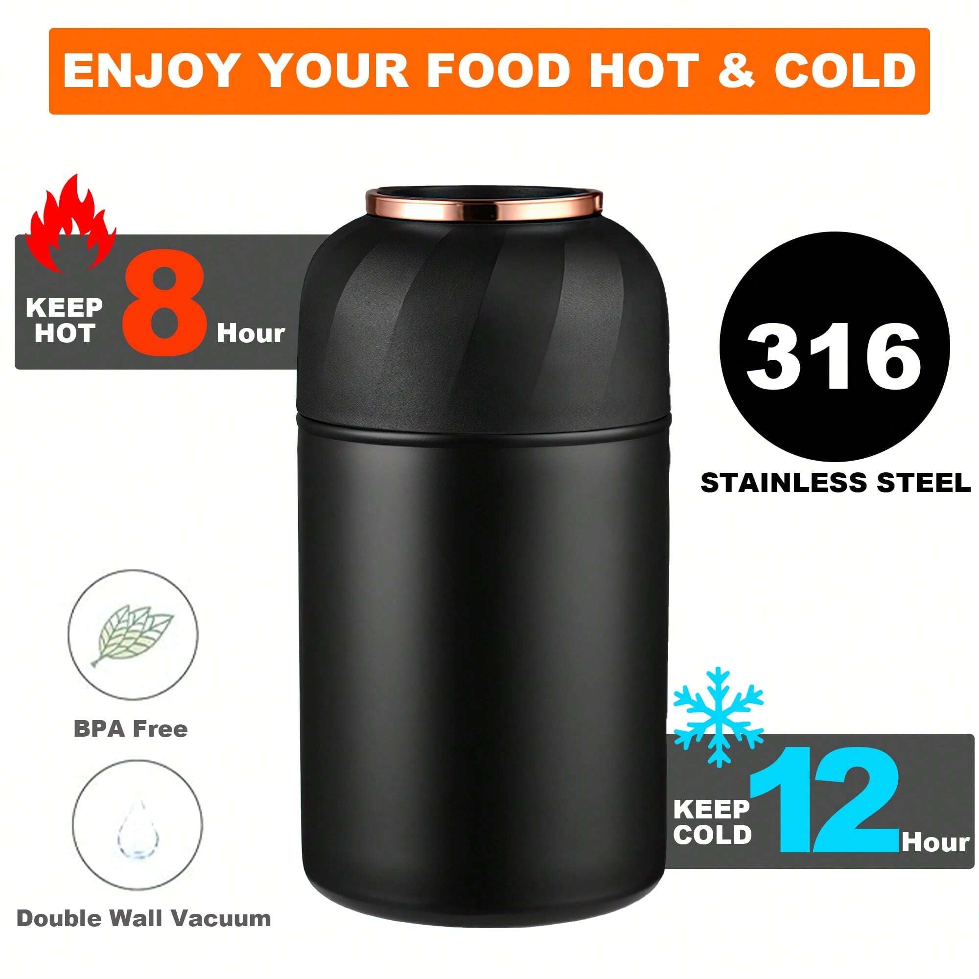 1個 断熱フードフラスコ 500ml ブラック 真空断熱 保温 フードジャー、折りたたみスプーン付き 漏れ防止 ステンレス鋼 ランチコンテナ、学校、オフィス、旅行、キッチン、クリスマスギフト、学校用品に最適