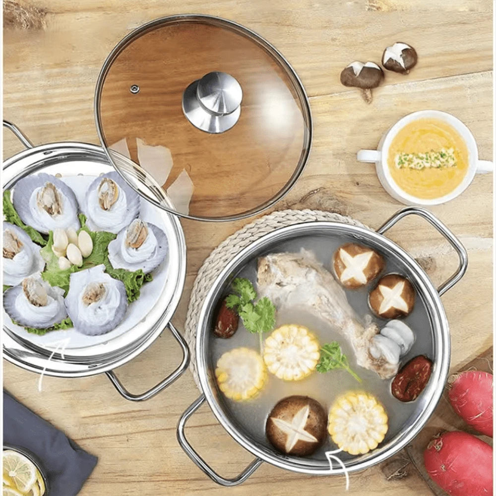 1個 蒸し器、ふた付き ステンレス製 蒸し調理兼用鍋、IH調理器、ガスコンロ、電磁調理器対応、キッチン用品、キッチンギア、キッチンアクセサリー、ホームキッチン用品