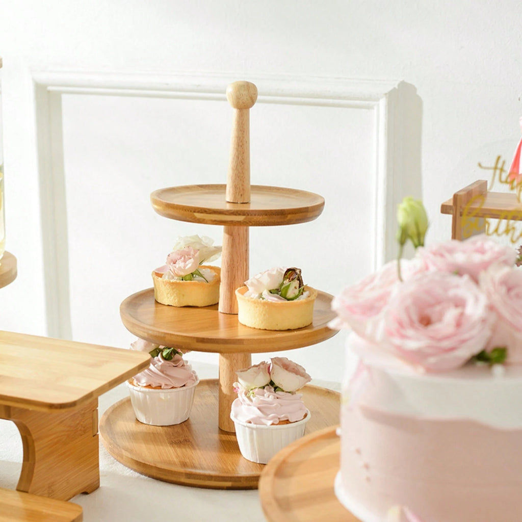 竹製高脚ケーキスタンド とペーパー製カップケーキホルダーセット、キッチン用品、クリスマスギフト