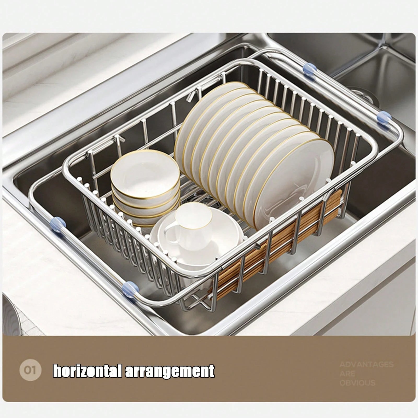 シンク上伸縮式食器乾燥ラック 38-51cm 調整可能 ステンレス鋼製 滑り止めパッド付き 省スペースキッチンオーガナイザー