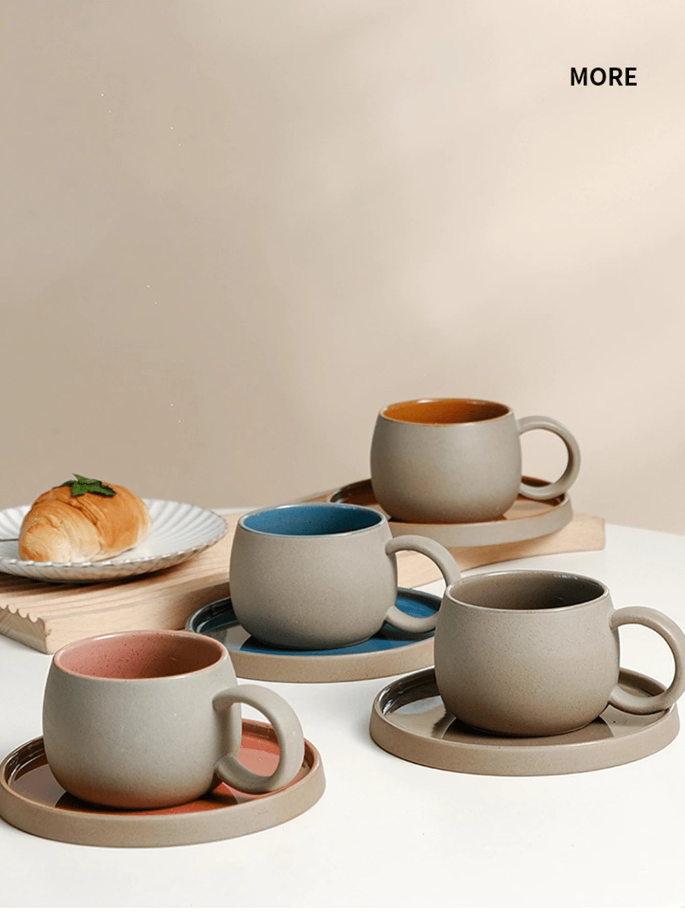 2個セット ビンテージ風 粗陶器 日本式マグカップ&ソーサー セット、北欧スタイル アフタヌーンティー&朝食カップ、学校にも