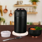 1個 断熱フードフラスコ 500ml ブラック 真空断熱 保温 フードジャー、折りたたみスプーン付き 漏れ防止 ステンレス鋼 ランチコンテナ、学校、オフィス、旅行、キッチン、クリスマスギフト、学校用品に最適