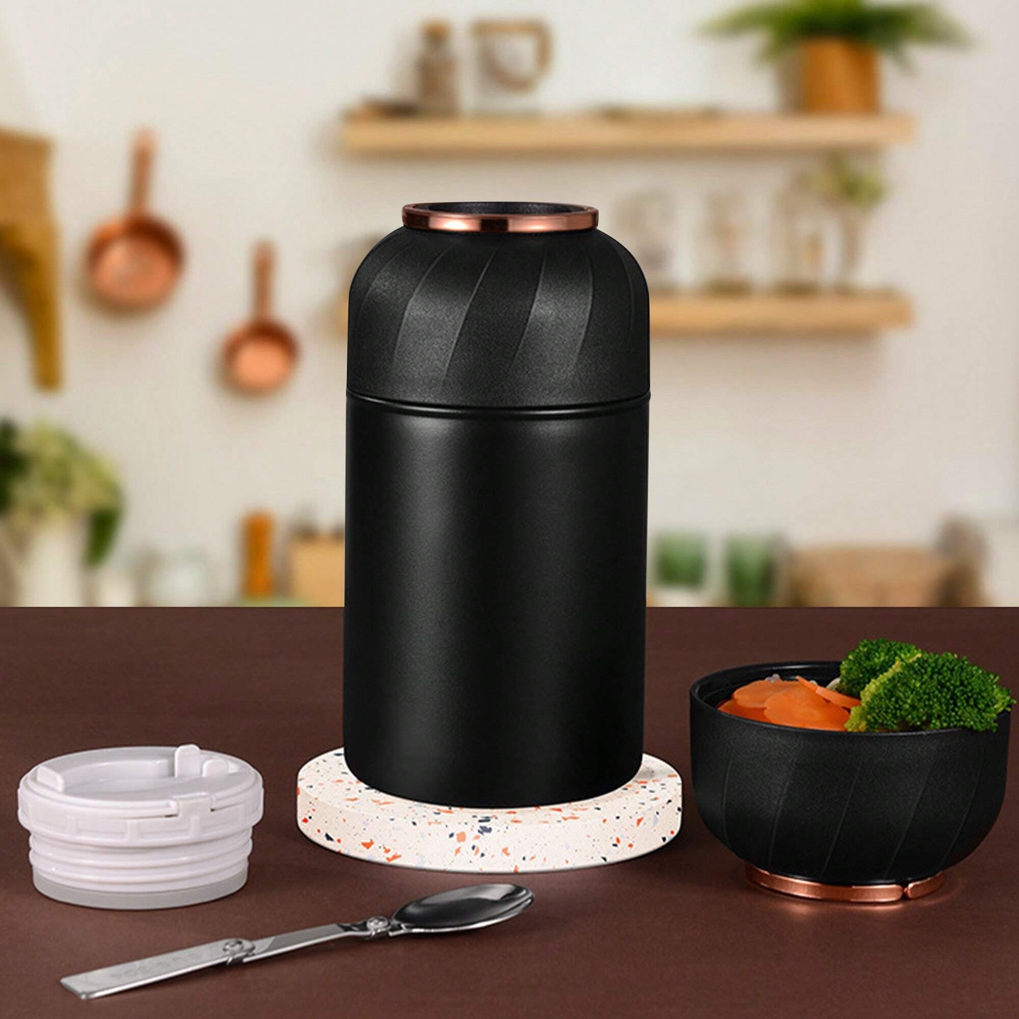 1個 断熱フードフラスコ 500ml ブラック 真空断熱 保温 フードジャー、折りたたみスプーン付き 漏れ防止 ステンレス鋼 ランチコンテナ、学校、オフィス、旅行、キッチン、クリスマスギフト、学校用品に最適