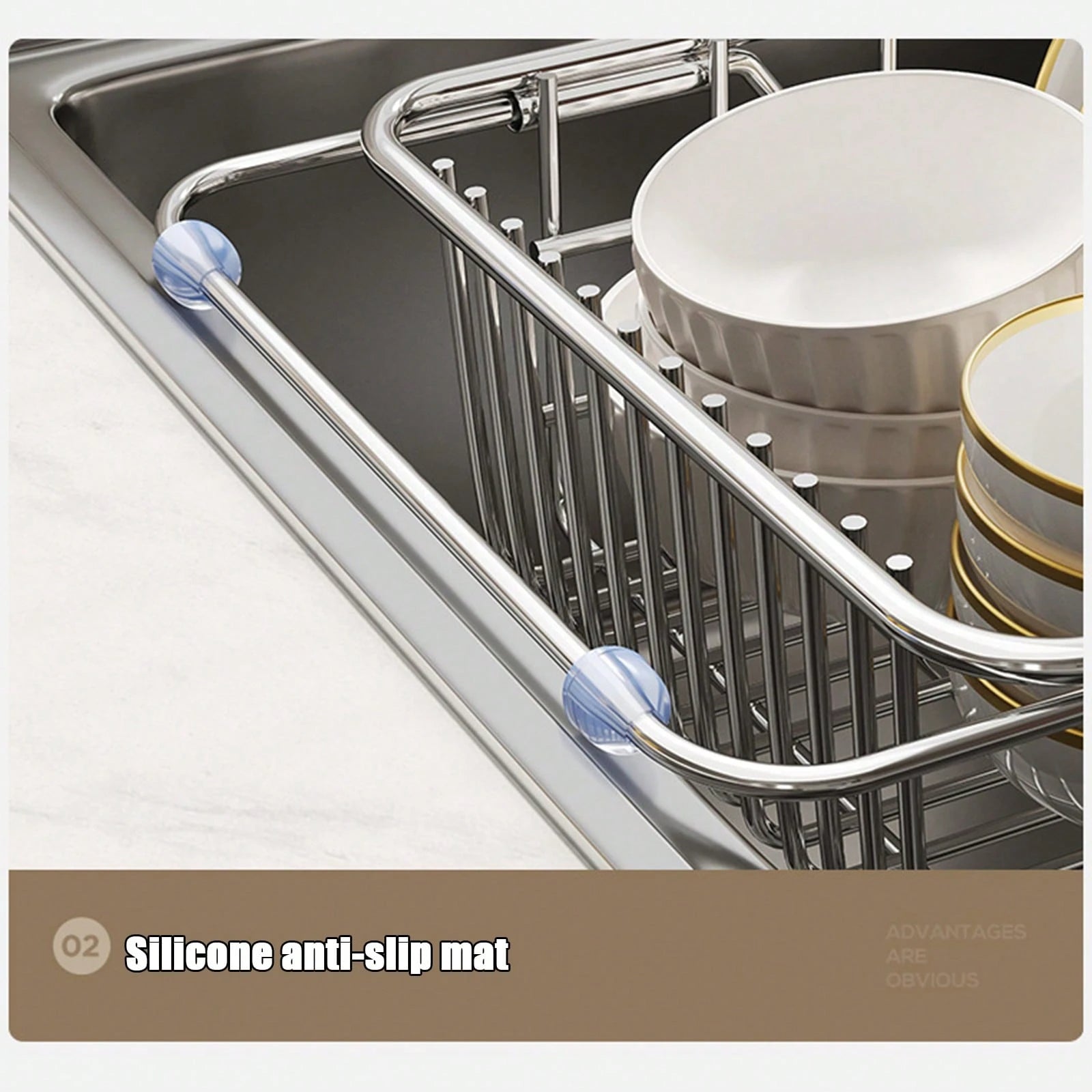 シンク上伸縮式食器乾燥ラック 38-51cm 調整可能 ステンレス鋼製 滑り止めパッド付き 省スペースキッチンオーガナイザー