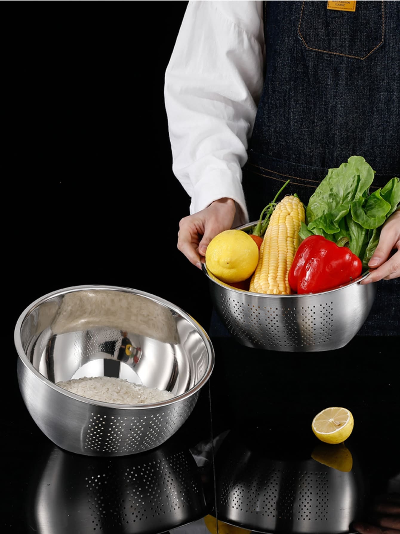 ステンレス製厚手 お米洗いボウル 底面斜め設計 野菜洗い・水切り用 ざるコランダー 学校必需品 クリスマスギフト