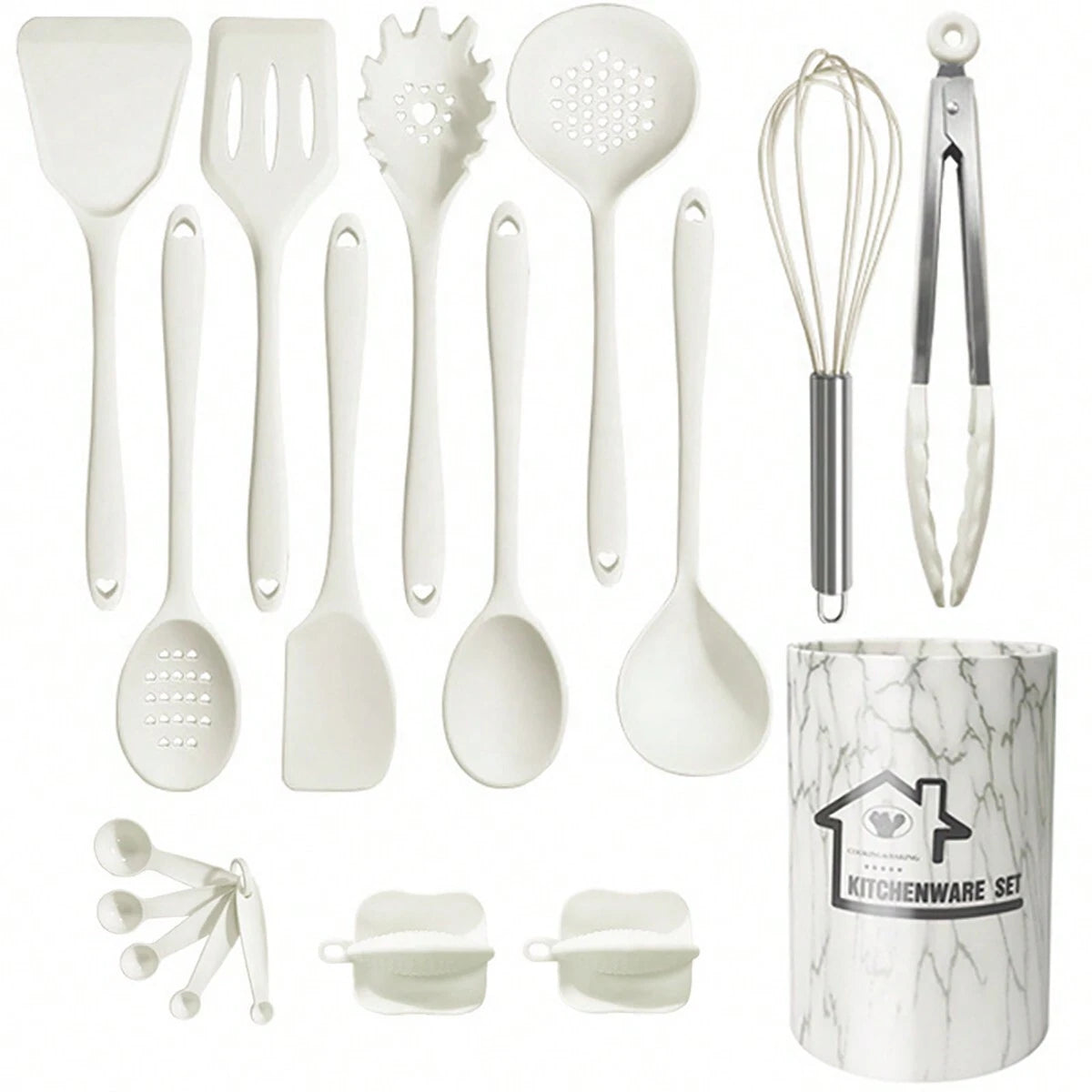 18個セット シリコン調理器具セット - フルシリコンキッチンウェアセット 収納バケツ付き - スパチュラ、スプーン、キッチンツール含む、簡単洗浄 - 調理とベーキングに最適 - 学校や寮の必需品に最適