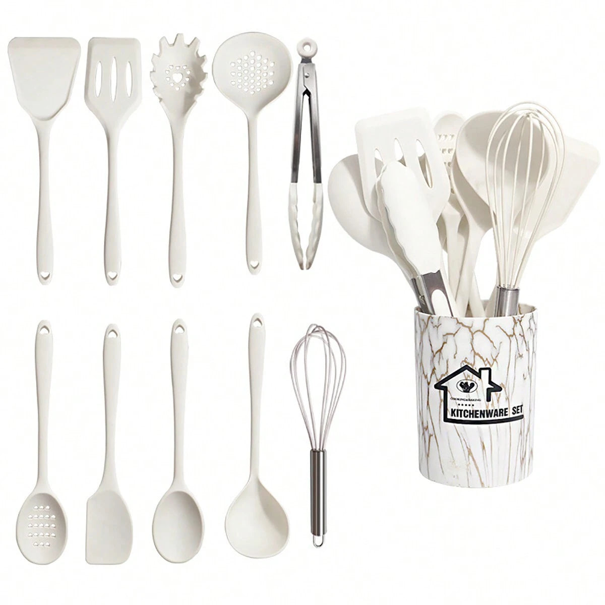 18個セット シリコン調理器具セット - フルシリコンキッチンウェアセット 収納バケツ付き - スパチュラ、スプーン、キッチンツール含む、簡単洗浄 - 調理とベーキングに最適 - 学校や寮の必需品に最適